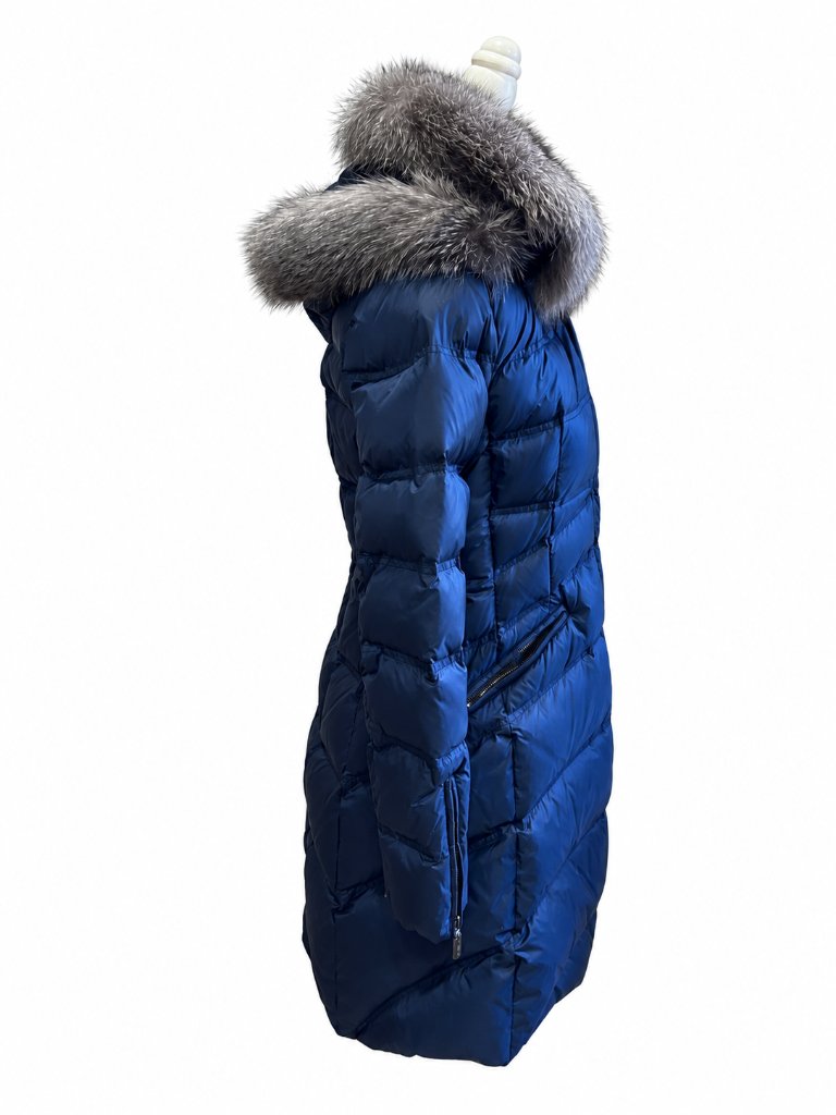 Dawn Levy Cloe Womens Blue Down Puffer Coat Real Fox Fur Hood Large L Nwt — image 4 of 8